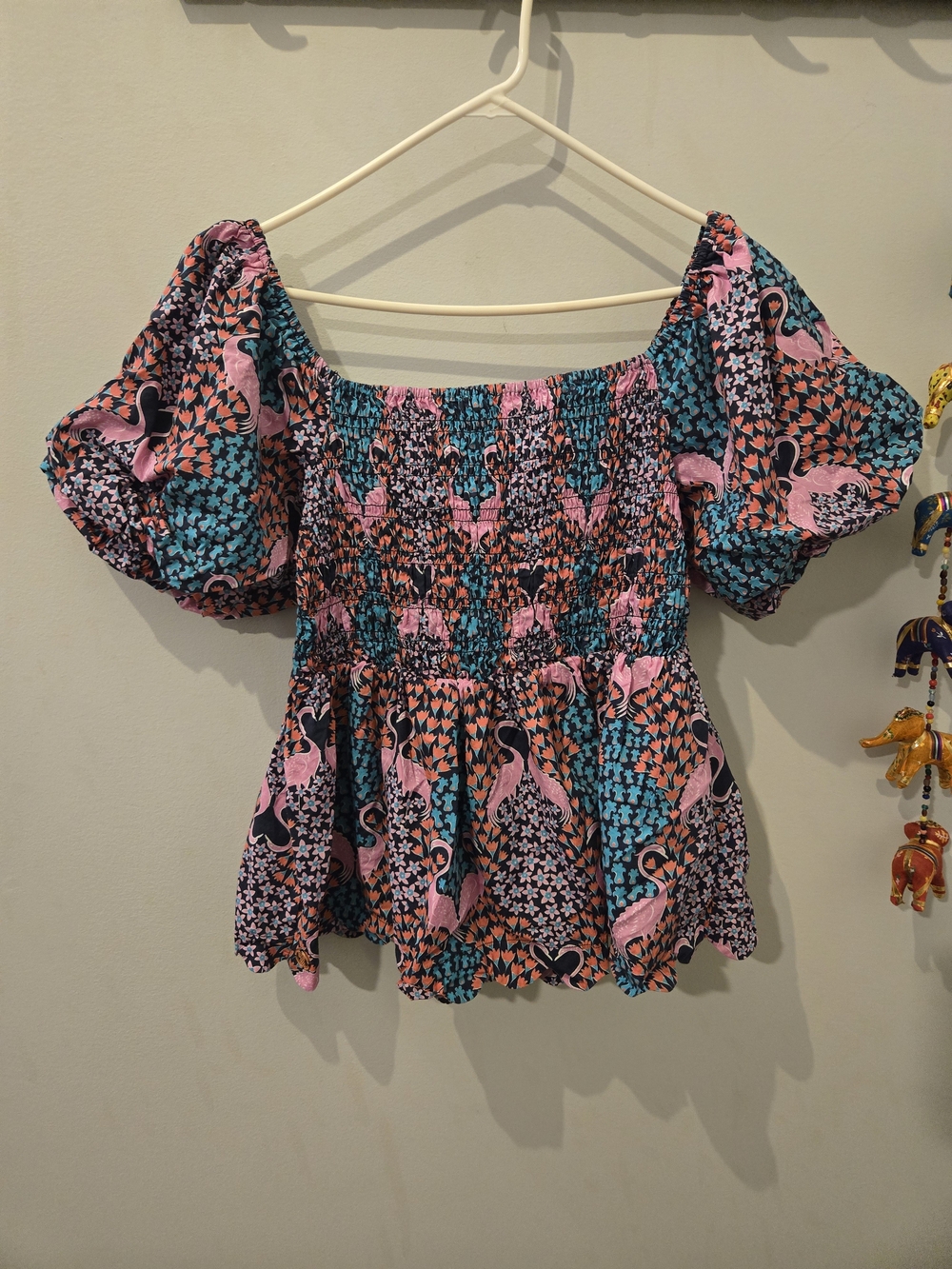 Simply Southern Pink and Teal Smocked Off-Shoulder Peplum Top